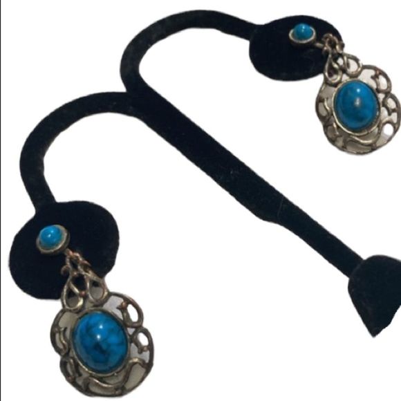Vintage Silver And Faux Turquoise Dangling Earrings - Picture 14 of 14